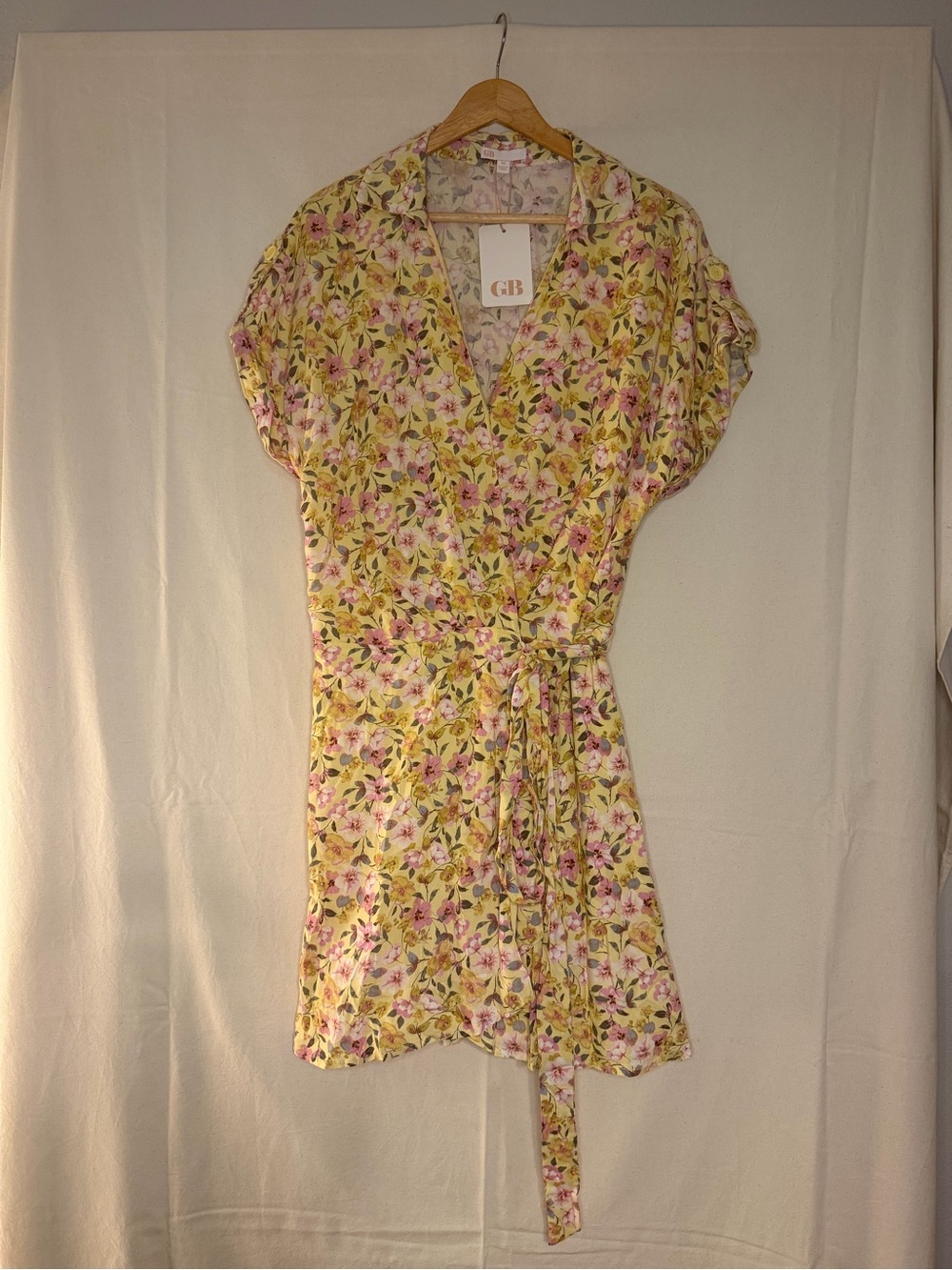 Gianni Bini Yellow Floral Wrap Mini Dress with Pink & Green Accents